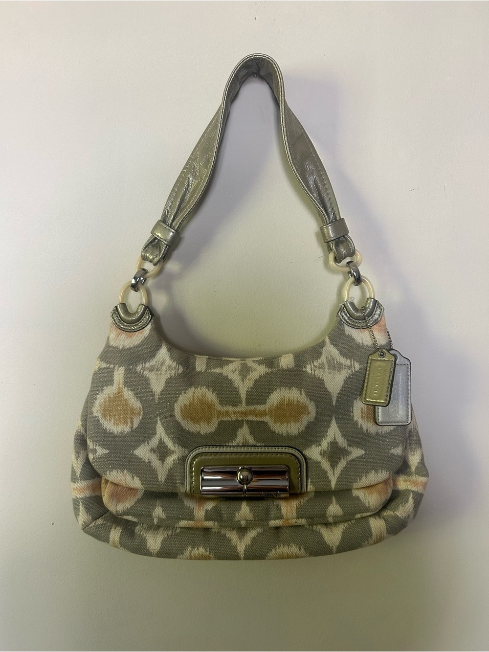 Coach Ikat-Pattern Shoulder Bag in Gray and Beige with Metallic Trim